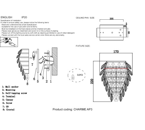 Бра Crystal Lux CHARME AP3 CHROME/TRANSPARENT
