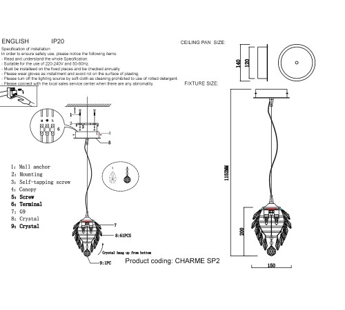 Светильник подвесной Crystal Lux CHARME SP2 GOLD/TRANSPARENT