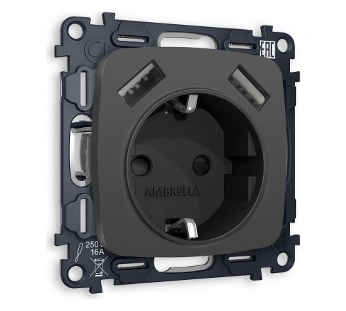 Розетка с заземлением и 2хUSB type A, без рамки Ambrella Volt MO909010 Quant