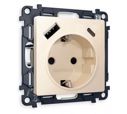 Розетка с заземлением и 2хUSB type A и C, без рамки Ambrella Volt MA310010 Quant