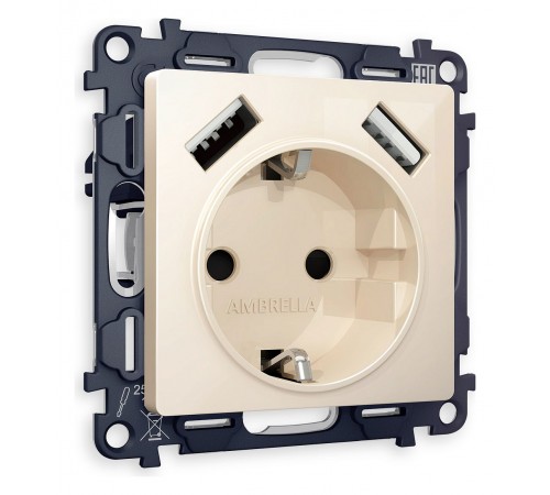 Розетка с заземлением и со шторкой и 2хUSB type A, без рамки Ambrella Volt MA309010 Quant