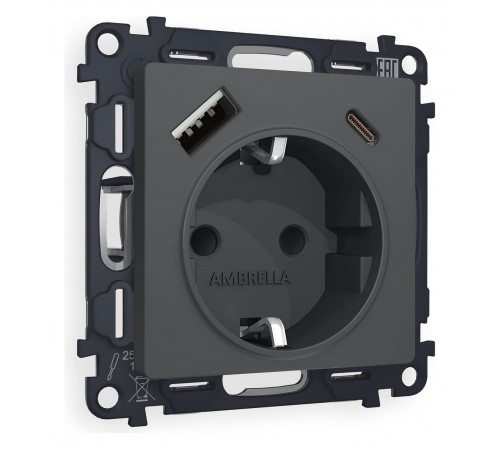 Розетка с заземлением и 2хUSB type A и C, без рамки Ambrella Volt MA910010 Quant