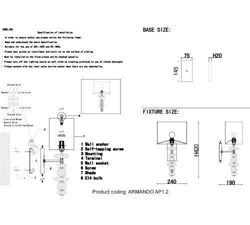 Бра Crystal Lux ARMANDO AP1.2 GOLD