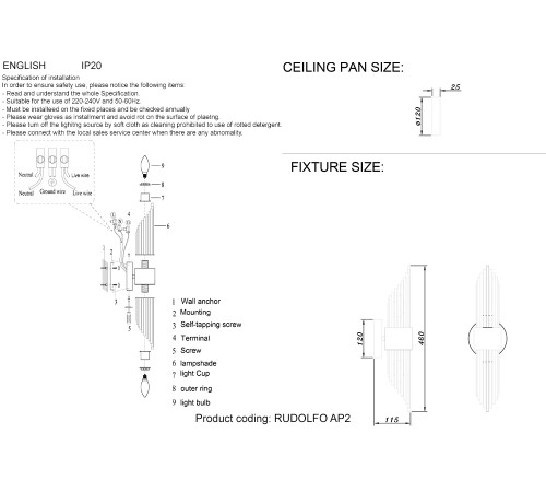 Бра Crystal Lux RUDOLFO AP2 NICKEL