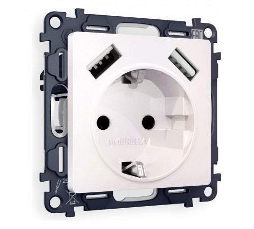 Розетка с заземлением и со шторкой и 2хUSB type A, без рамки Ambrella Volt MA209010 Quant