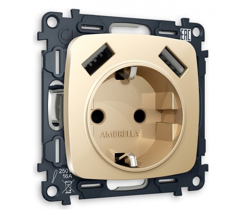 Розетка с заземлением и 2хUSB type A, без рамки Ambrella Volt MO609010 Quant