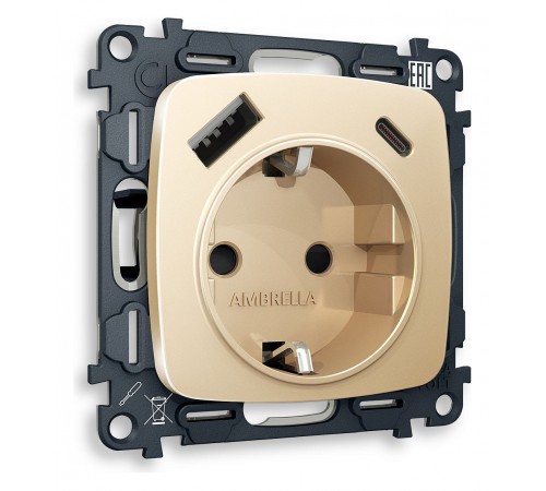 Розетка с заземлением и 2хUSB type A и C, без рамки Ambrella Volt MO610010 Quant