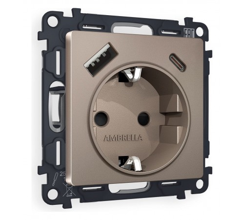 Розетка с заземлением и 2хUSB type A и C, без рамки Ambrella Volt MA640010 Quant
