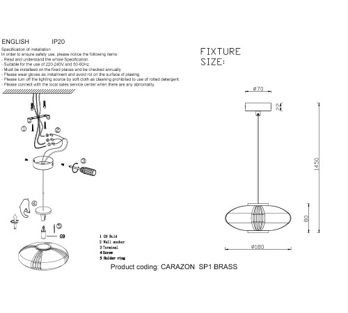 Светильник подвесной Crystal Lux CARAZON  SP1 BRASS