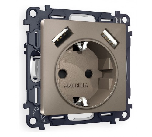 Розетка с заземлением и со шторкой и 2хUSB type A, без рамки Ambrella Volt MA639010 Quant