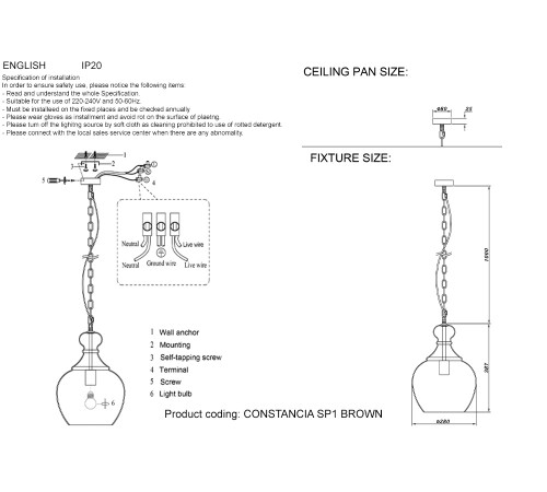 Светильник подвесной Crystal Lux CONSTANCIA SP1 BROWN