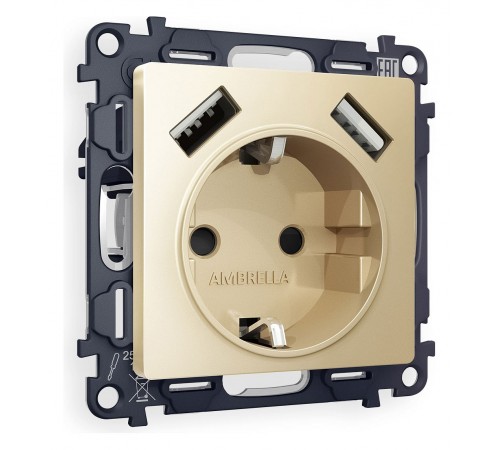Розетка с заземлением и со шторкой и 2хUSB type A, без рамки Ambrella Volt MA609010 Quant