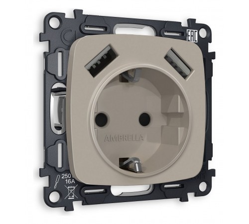 Розетка с заземлением и 2хUSB type A, без рамки Ambrella Volt MO369010 Quant