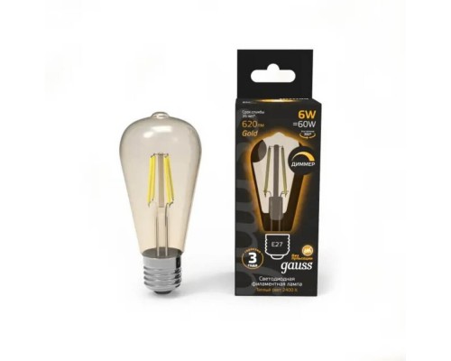 Лампа Gauss Filament ST64 6W 620lm 2400К Е27 golden диммируемая LED 1/10/40 102802006-D