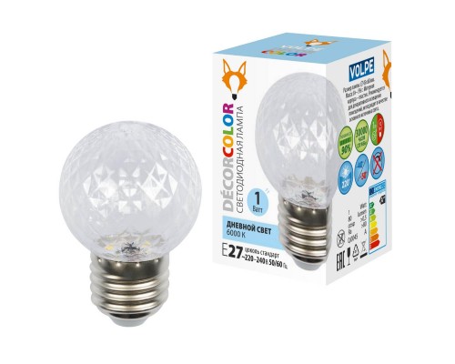 Лампа светодиодная E27 1W 6000K прозрачная LED-D45-1W/6000K/E27/CL/С PINEAPPLE UL-00010065