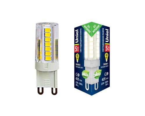 Лампа светодиодная Uniel G9 5W 3000K прозрачная LED-JCD-5W/3000K/G9/CL GLZ09TR UL-00006748